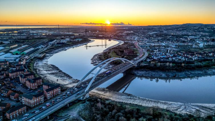 An aerial view of Newport at sunset.