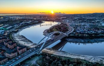 An aerial view of Newport at sunset.