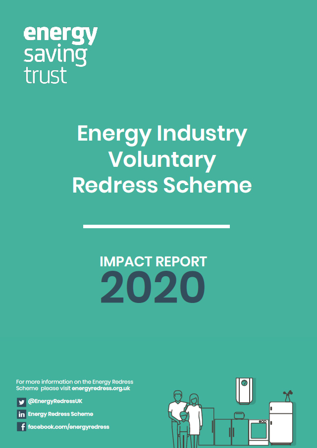 Cover page for the Energy Industry Voluntary Redress Scheme Impact Report 2020, with logos, social media links, and an illustration of people and appliances at the bottom.
