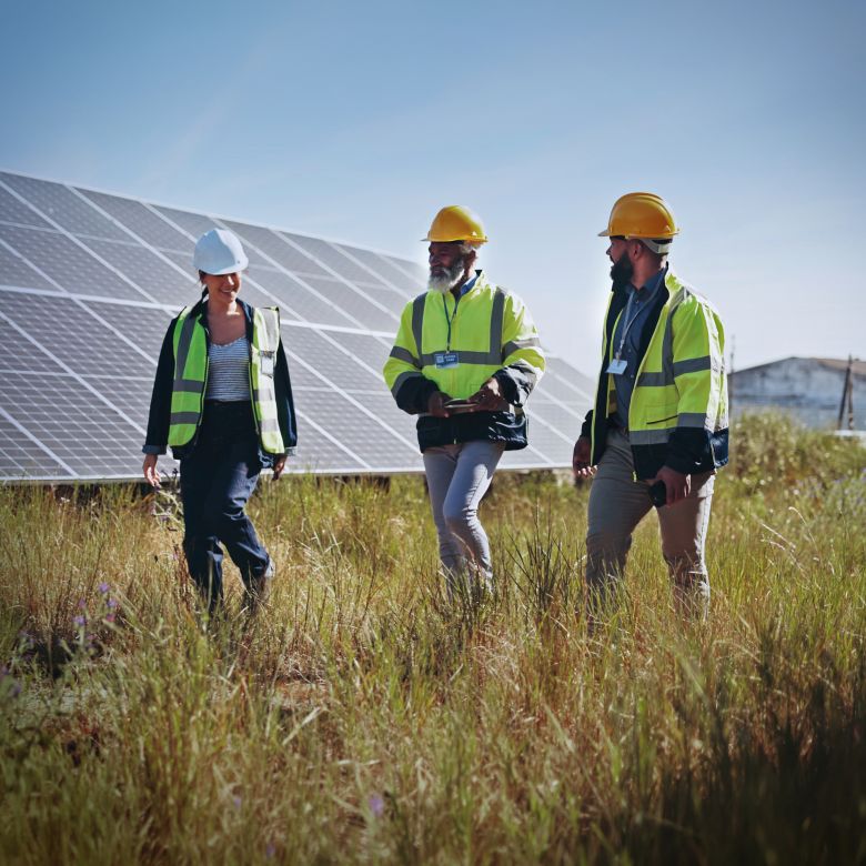 three people in high-vis jackets and hard hats in conversation walking through grass in front of a large array of solar panels