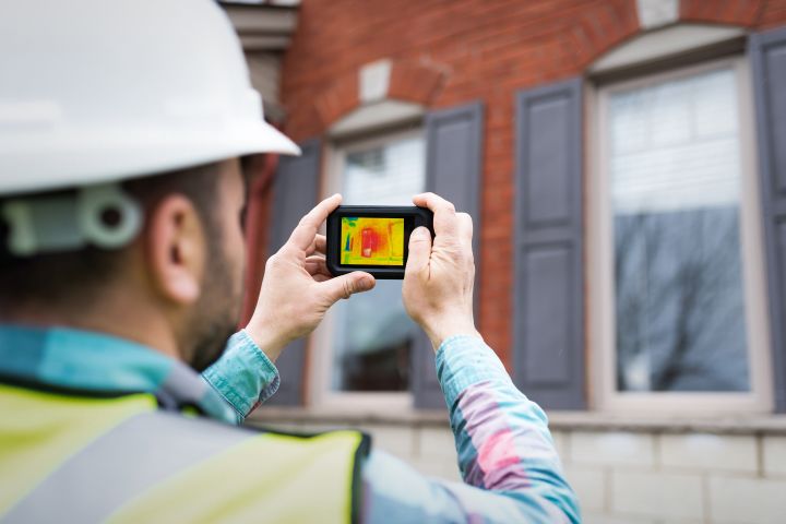 engineer using a thermal camera to analyse the heat loss of a red brick house